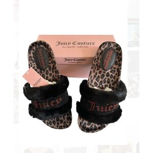 Juicy Couture Slide Slippers Faux Fur Crystals Black Leopard Womens Size 8 NIB